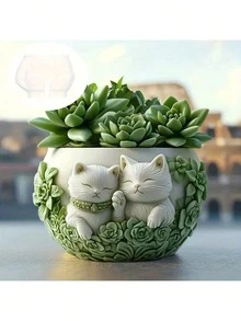 Cute Kitten Garden Cement Aromatherapy Plaster Cup Mold DIY Resin Storage Cup Flower Pot Decor Silicone Mold - White - View 5