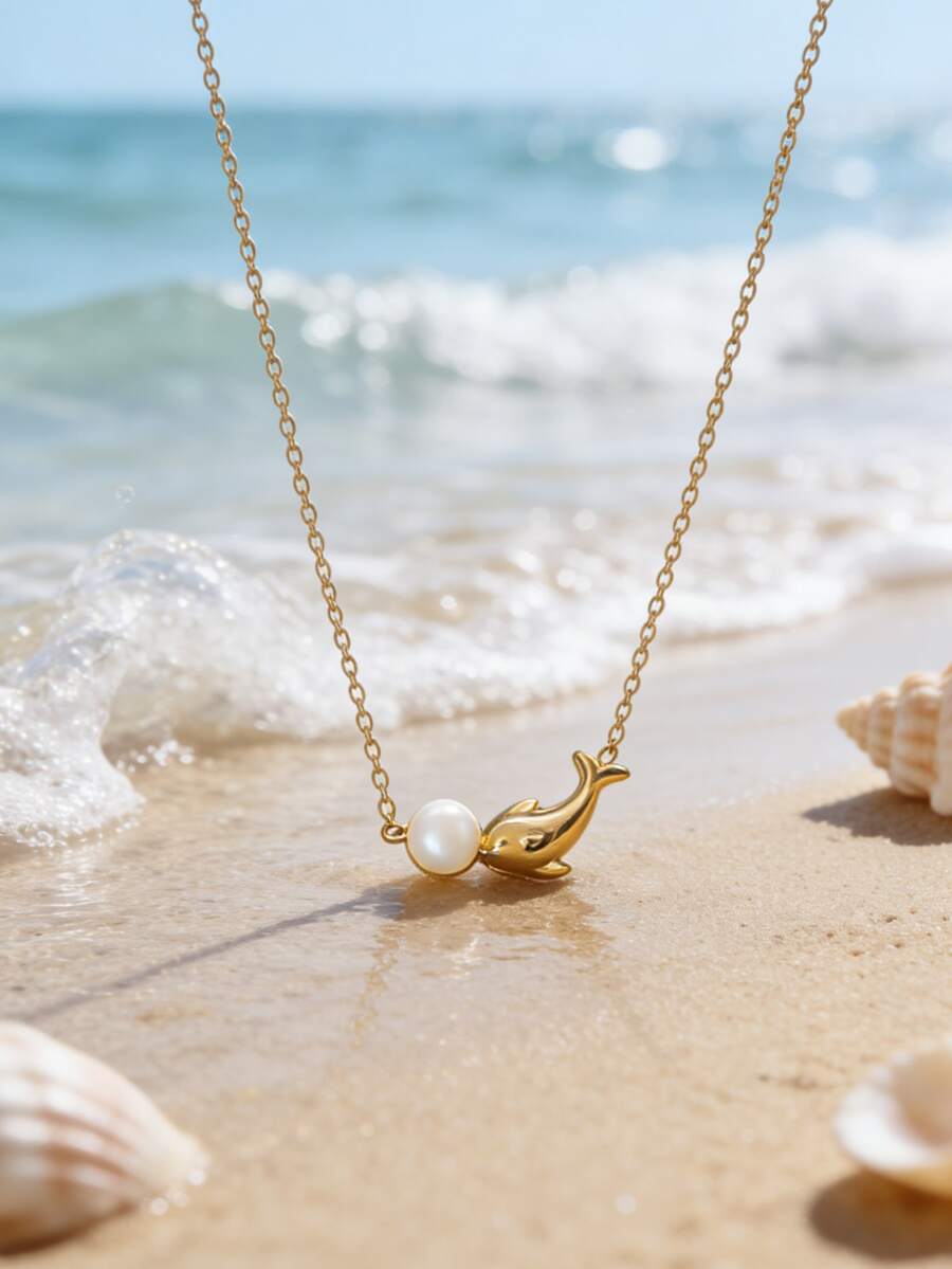 VceTd 1pc Cute Dolphin Shaped Stainless Steel Pendant Necklace With White Bead Decor, Suitable For Women's Beach Vacation Or Daily Wear, Also Makes A Great Gift - Yellow Gold - View 1