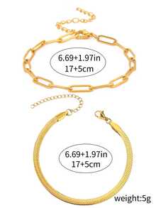 2 piezas Conjunto de pulseras de cadena de acero inoxidable, pulseras de cadena de clip de papel y hoja de estilo minimalista de moda, accesorios versátiles de lujo adecuados para niñas y mujeres - Dorado - Ver 5