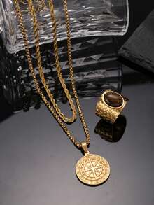 三件套不锈钢男士金色指南针首饰套装，包括指南针项链、虎眼石戒指，适合男士日常佩戴、节日、约会、订婚、结婚等场合作为礼物。 - 金色 - 查看 5