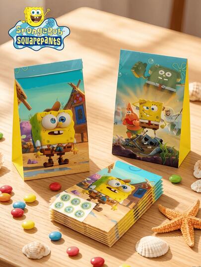 SpongeBob SquarePants Bộ 12 túi quà tặng chủ đề hoạt hình SquarePants & Friends + 12 miếng dán niêm phong, túi giấy Kraft dễ thương và vui nhộn theo kiểu ngẫu nhiên, thích hợp cho đám cưới, tiệc cưới, sinh nhật và các dịp khác.