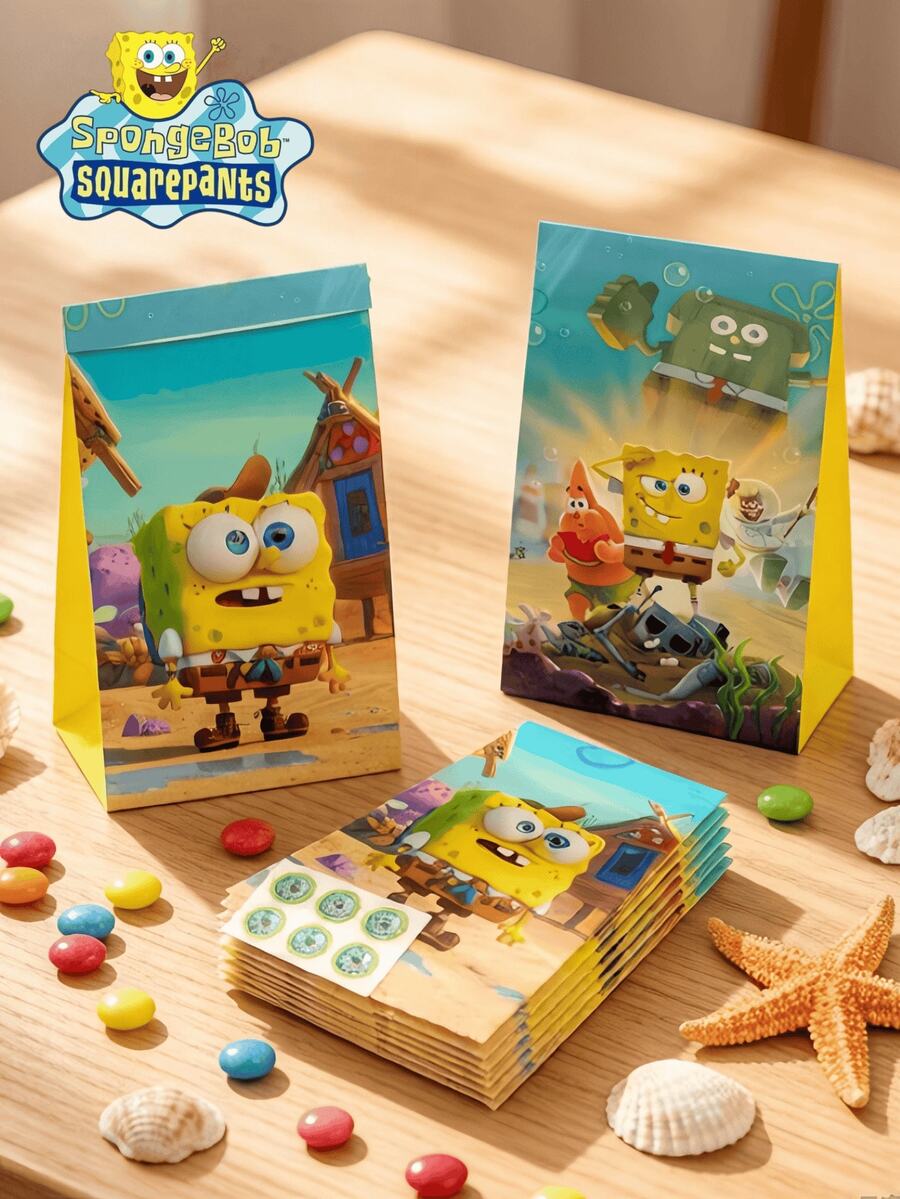 SpongeBob SquarePants Bộ 12 túi quà tặng chủ đề hoạt hình SquarePants & Friends + 12 miếng dán niêm phong, túi giấy Kraft dễ thương và vui nhộn theo kiểu ngẫu nhiên, thích hợp cho đám cưới, tiệc cưới, sinh nhật và các dịp khác. - Nhiều màu - Xem 1