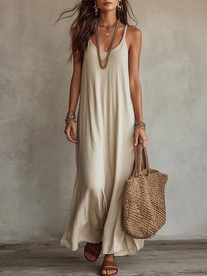 Women's Solid Color Spaghetti Strap Backless Camisole Dress, Suitable For Summer Beach Travel Elegant