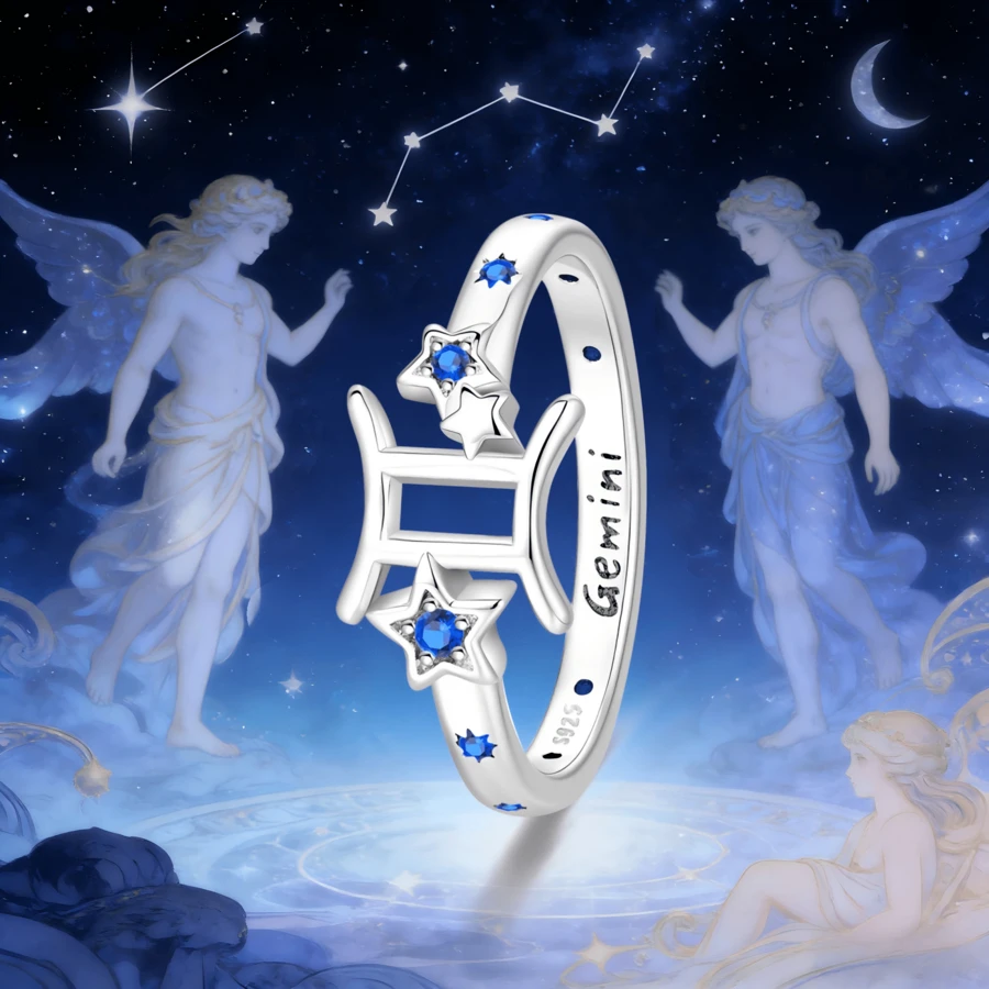 精致蓝色星形宝石双子座戒指，925纯银可调节开口戒指，星座占星饰品，日常佩戴及礼品之选 - 藍色 - 查看 1