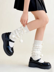 1 đôi tất giữ ấm đùi bằng len dệt kim màu hồng/xanh dương/trắng dễ thương kiểu Lolita với nơ và quả bông. - Nhiều màu - Xem 5