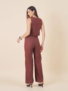 Linen Set Consisting Of A Turtleneck Vest And Trousers With Covered Button Details. - Rust Brown - View 3