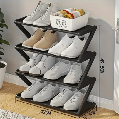 1pc 4-Tier Freestanding Shoe Rack - Z-Shaped Stackable Shoe Organizer With Metal Frame And Plastic Shelves, Tool-Free Assembly, 8.82 Lbs Capacity, Space-Saving Floor Standing Storage Cabinet For Entryway, Living Room, Dorm - Durable Home And Dorm Essential, Shoe Storage Organizer, Entryway Organizer, Modern Aesthetics, Sturdy Construction, Minimalist Design, Easy Assembly, Apartment Dwellers