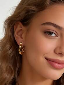 Charm-In Cuban Link Kette 18K vergoldete Creolen | Zarte klobige Mode-Ohrringe für Frauen | Perfekt zum Stapeln & täglichen Tragen - Gold - Übersicht 2