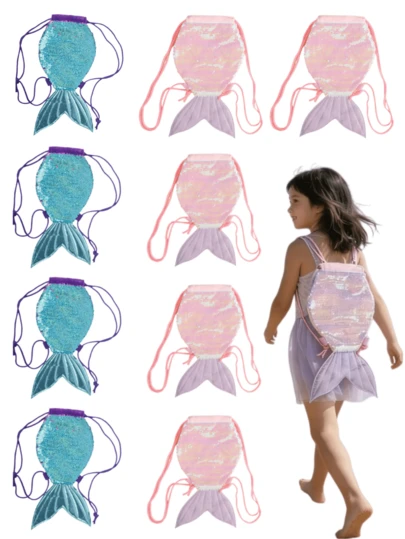 1 chiếc balo dây rút đính sequin hình đuôi nàng tiên cá, túi sequin hình kỳ lân, túi đi bơi thời trang