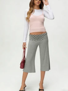 Women Solid Color Fold Over Capri Casual Low Rise Straight Wide Leg Cropped Pants Vintage Polka Dots Stripes Printed Three Quarter Trousers Gym Yoga Workout Lounge Wear Bottoms - Màu xám đen - Xem 3