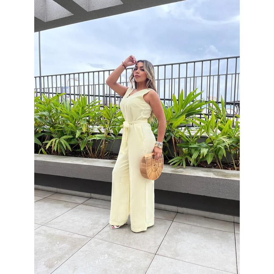 Women's Roman Jumpsuit, Wide Leg, Tie Detail, Elegant, Chic, Simple - Yellow - View 1
