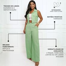 Elegant Women's Linen Vest And High-Waisted Pants Set - Verde Jade - View 4
