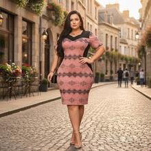 Plus Size Midi Sheath Dress In Lace/Guipure With Lining (Shaping Effect) – Short Sleeves – Modest/Evangelical Fashion – Sizes S To XL - 淺粉色 - 查看 1