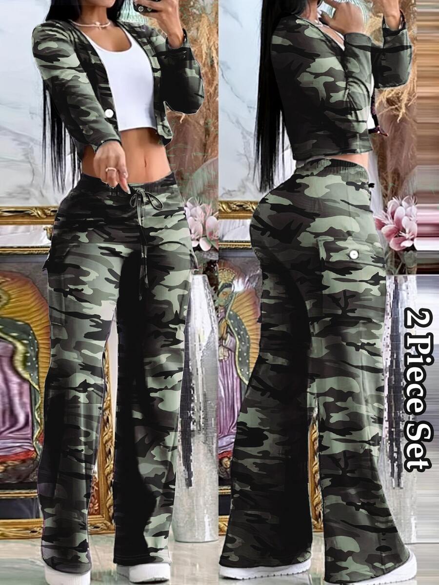 Summer 2pcs/Set Women Fashion Popular Camouflage V-Neck Button-Up Top Pants With Drawstring Waist | Elegant Casual Y2K Style Lightweight & Comfortable Fabric, Vacation Outfits For Women - 軍綠色 - 查看 1
