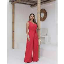 Women's Roman Jumpsuit, Wide Leg, Tie Detail, Elegant, Chic, Simple - 紅色 - 查看 1