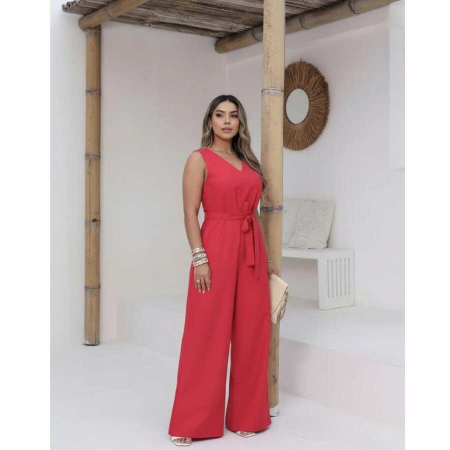 Women's Roman Jumpsuit, Wide Leg, Tie Detail, Elegant, Chic, Simple - 紅色 - 查看 1