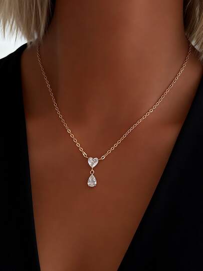 1pc Sparkling Delicate Heart & Teardrop Cubic Zirconia Necklace, Suitable For Women's Daily, Date, Music Festival Wear, Perfect Holiday Gift