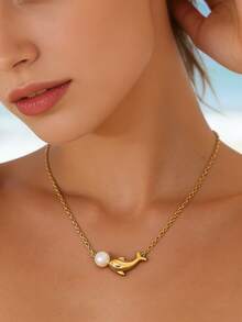 VceTd 1pc Cute Dolphin Shaped Stainless Steel Pendant Necklace With White Bead Decor, Suitable For Women's Beach Vacation Or Daily Wear, Also Makes A Great Gift - Yellow Gold - View 3