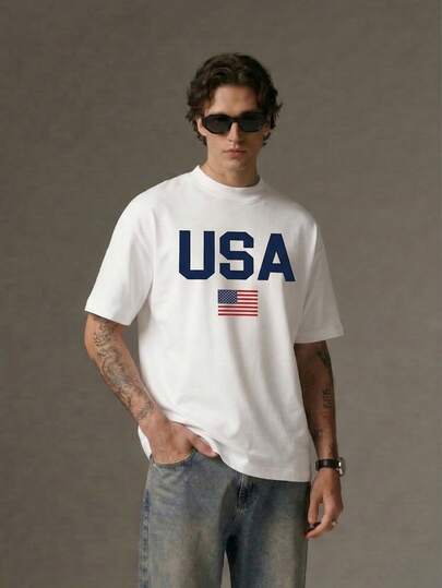 Voidago 2025 Men's Summer Letter & American Flag Print Casual Round Neck Short Sleeve T-Shirt