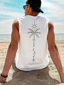 1件男士休闲椰树印花圆领背心，夏季 - 白色 - 查看 1