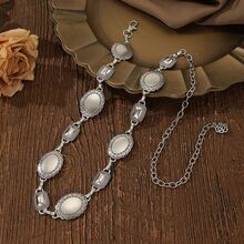 复古做旧银色椭圆形金属腰链，可调节女士腰带夏季穿搭 - 舊銀色 - 查看 11