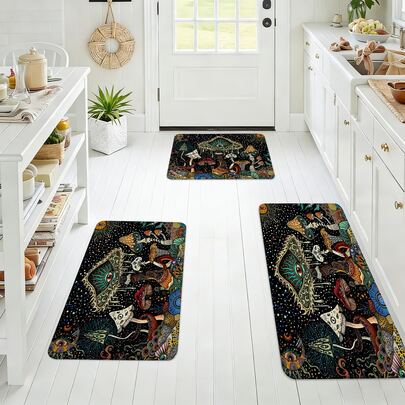1pc/2pcs/3pcs Whimsical Mushroom & Eye Design Kitchen Floor Mat, Colorful Printed Bathroom Rug, Suitable For Laundry Room, Entryway, Holiday Home Decor, Washroom Bathroom Foot Mat, Comfortable Home Decor Rug