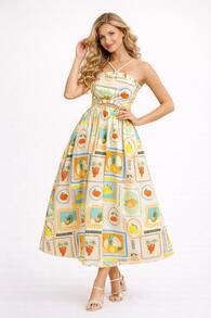 Women's Printed Dress With Thin Criss-Cross Straps At The Front, A Cutout At The Waist, And A Flared Midi Skirt – Romantic Dress With A Chic, Feminine Look And French Inspiration, Ideal For Dates, Parties, Travel, And Elegant Everyday Wear - 杏色 - 查看 3