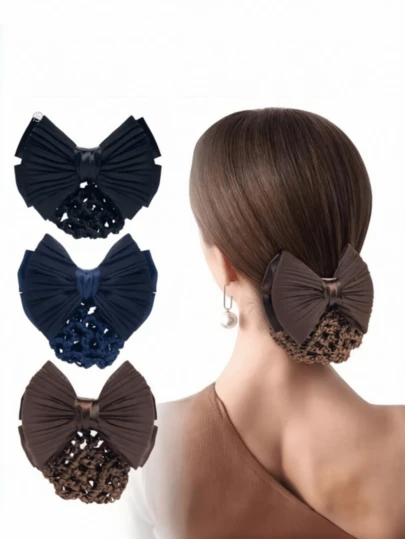 1 Piece, Double-Layer Mesh Cover, Knitted Hair Net, Bow Decoration Hair Clip, Women's Mesh Work Hair Net ,Hair Styling Tools ,Beauty ,Hair Accessories