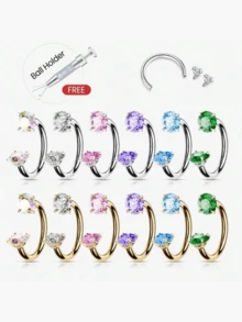 20G Horseshoe Nose Ring(Free Ball Holder) Internally Threaded Gems,Earring Daith Cartilage Helix,Piercing Jewelry With Grabbing Tool. - Silver - View 1