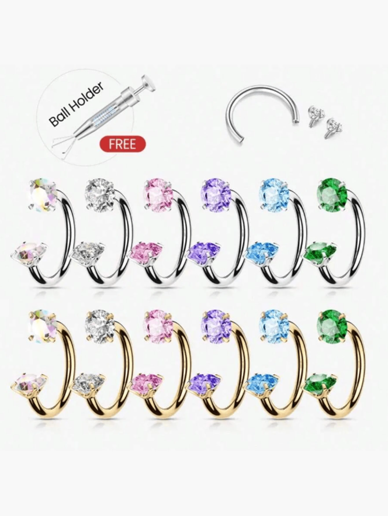 20G Horseshoe Nose Ring(Free Ball Holder) Internally Threaded Gems,Earring Daith Cartilage Helix,Piercing Jewelry With Grabbing Tool. - Silver - View 1