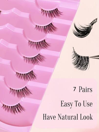 Natural Curled Lift Effect – 7 Pairs Medium Capacity Transparent Stem Western-Style Layered 3D Full Strip False Eyelashes – Fluffy Volume Lashes With Pink Tray For Everyday Wear, Sensitive Eyes & Beginners