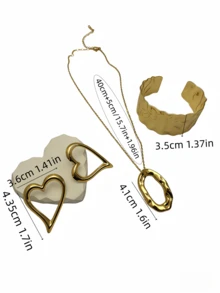 4件套304不锈钢镀金心形首饰套装 - 不对称手镯 + 镂空心形耳环 + 不对称吊坠项链，时尚夸张不对称首饰套装，时尚首饰礼盒套装 - 金色 - 查看 7