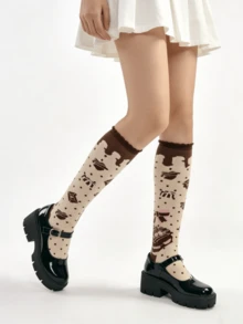 1/3 pares de nuevos calcetines altos hasta la rodilla con volantes de estilo Lolita, con diseño de galletas de chocolate y pasteles dulces - Multicolor - Ver 9