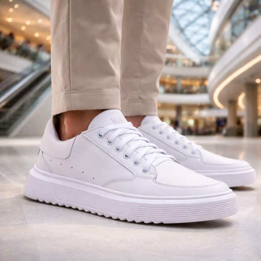 Men's Lace-Up Sneakers, Modern Casual Style, High Sole, Comfortable, Soft Lined Insole - 白色 - 查看 1