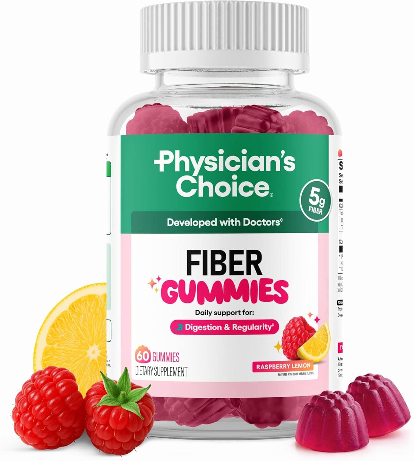 Physician's Choice Fiber Gummies For Adults | No Sugar Added Vegan Prebiotic Chicory Root Fiber | Supports Digestive Health, Bowel Regularity & Gut Microbiome Balance | Raspberry Lemon Flavor Daily Gummy Supplement | For Men & Women | 60 Count - 預設 - 查看 1