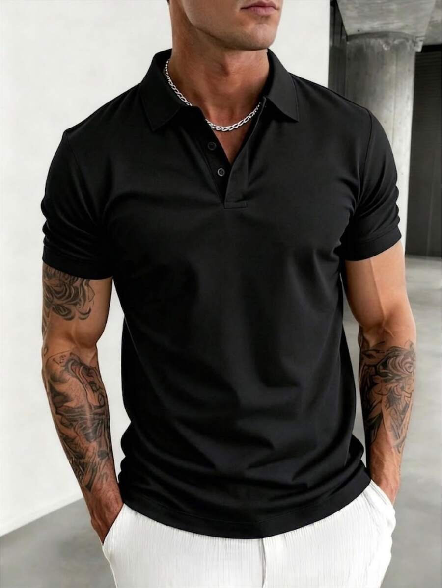 Basic Polo Shirt With Classic Collar And Short Sleeves, Comfortable, Breathable, Piqué Cotton, Casual, Spring/Summer, Men's. - màu đen - Xem 1
