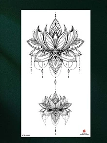 1 pieza Hermoso tatuaje temporal de diseño de loto doble, diseño de moda, tatuaje falso realista para adultos, resistente al agua y duradero, puede cubrir cicatrices y heridas, agrega un toque artístico a tu piel, tatuaje corporal floral para la cintura, el brazo, etc., fácil de aplicar y retirar. - Negro - Ver 3