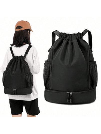 Black Drawstring Backpack With Shoe Compartment, Lightweight Gym Bag For Women & Men, Large Capacity Travel Sports Bag With Side Mesh Pockets, Casual Daily Carry, Fitness, Outdoor, School & Weekend Use