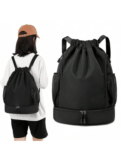 Black Drawstring Backpack With Shoe Compartment, Lightweight Gym Bag For Women & Men, Large Capacity Travel Sports Bag With Side Mesh Pockets, Casual Daily Carry, Fitness, Outdoor, School & Weekend Use