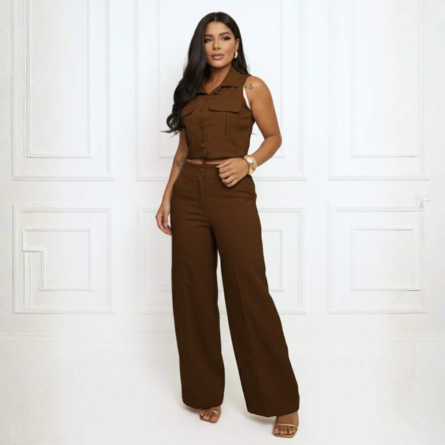 Elegant Women's Linen Vest And High-Waisted Pants Set - 鏽棕色 - 查看 1