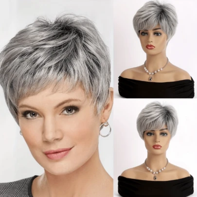 Tóc giả ngắn xoăn màu xám bạc với mái xéo dành cho nữ, hoàn hảo cho sử dụng hàng ngày và các bữa tiệc Halloween.