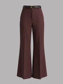 女士优雅高腰阔腿裤，红棕色，褶裥细节设计，通勤和日常穿着必备单品（含腰带） - 紅棕色 - 查看 2