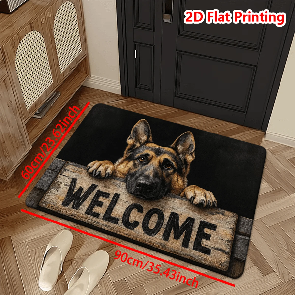 1pc German Shepherd Dog Head Wooden Sign Welcome Print, Vintage Style, Non-Slip, Machine Washable, Multi-Functional, Soft & Comfortable, Suitable For Bedroom, Kitchen, Dining Room, Bathroom, Holiday Decor, Spring Door Mat - Multicolor - View 1