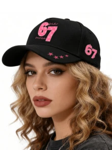 1顶粉色“67”数字印花男女通用弯檐棒球帽，街头时尚户外运动帽，适合日常佩戴和送礼，夏季、海滩、假日、节日、旅行 - 多色 - 查看 2