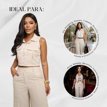 Elegant Women's Linen Vest And High-Waisted Pants Set - Krem - View 5