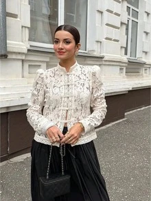 女士时尚Y2K日常蕾丝钩编立领修身半透明白色衬衫，优雅泡泡袖设计，蕾丝镂空纽扣细节，优雅叠穿上衣 - 白色 - 查看 9