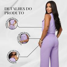 Elegant Women's Linen Vest And High-Waisted Pants Set - Lilac Purple - View 6