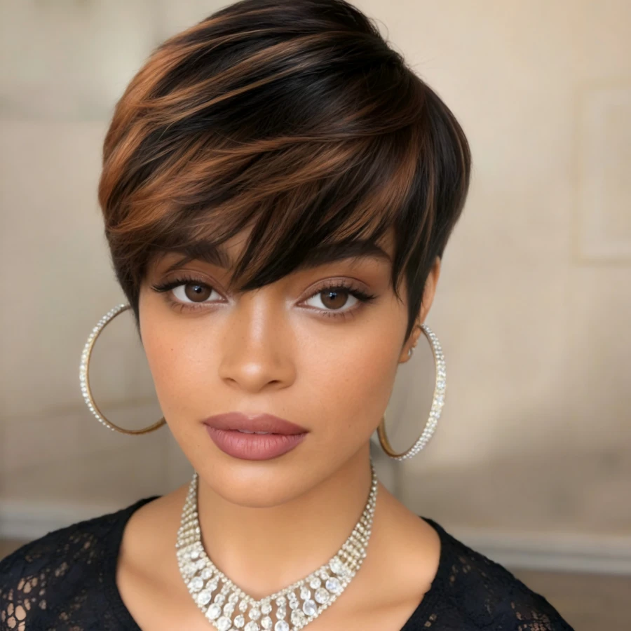 Summer Style Side Part Layered Short Brown Wigs With Gold Red Highlights Realistic Wig Synthetic Easy Install Wigs Whisper Lite Skunk Stripe Hair Edgy Short Pixie Wig Asymmetrical Fringe And Rich Feathery Layers Shades Of Brown Pixie Layered - màu đen với những lọn tóc màu nâu đỏ. - Xem 1