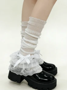 1 Pair White/Black Lace Trim Bow Lolita Style Sweet Ruffle Leg Warmers - Multicolor - View 5