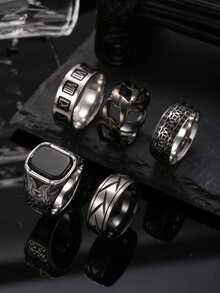 5件套时尚铸造不锈钢男士戒指套装，包含铜币、罗马数字、扭曲元素，适合男士日常佩戴、节日、约会、订婚、婚礼、送礼等场合。 - 彩色 - 查看 2